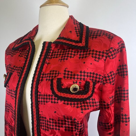 Vintage 80s Anne Crimmins Red & Black 100% Silk Blazer Business Jacket Size 12 - Picture 3 of 9